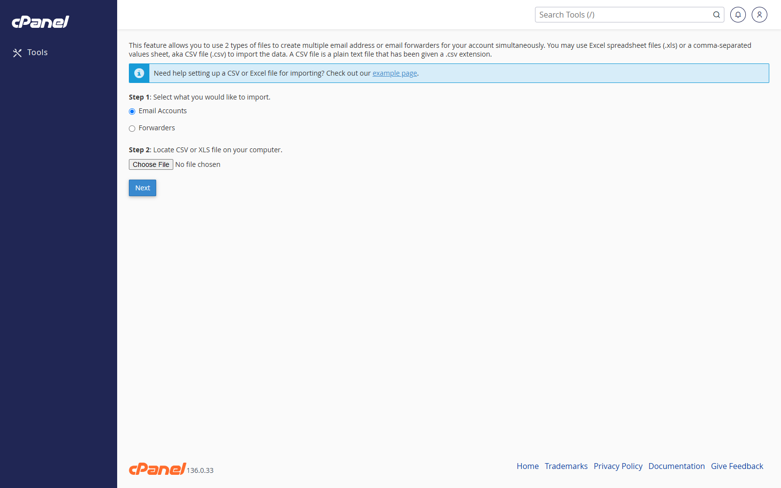 Address Importer screen in cPanel