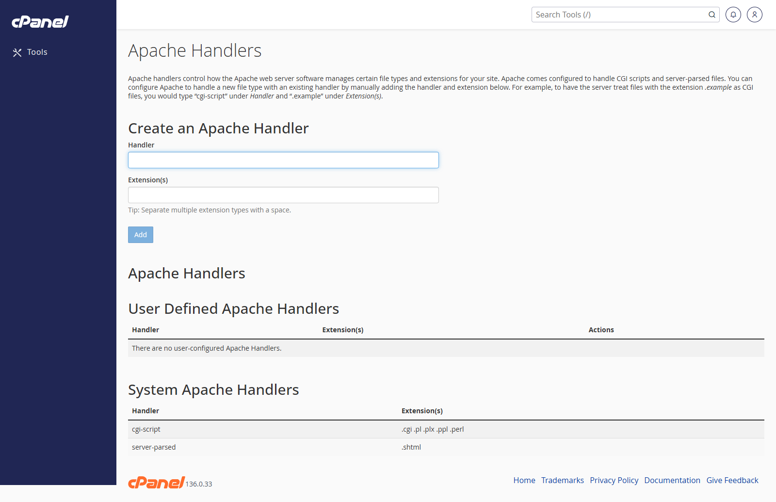 Apache Handlers screen in cPanel