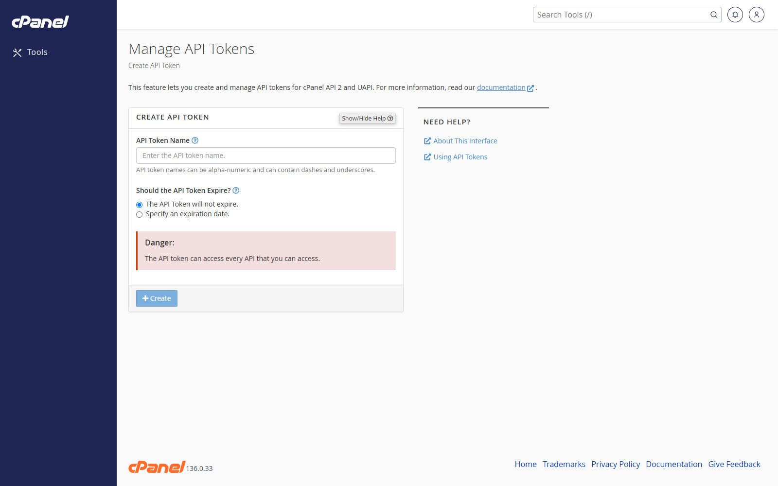 Manage API Tokens screen in cPanel
