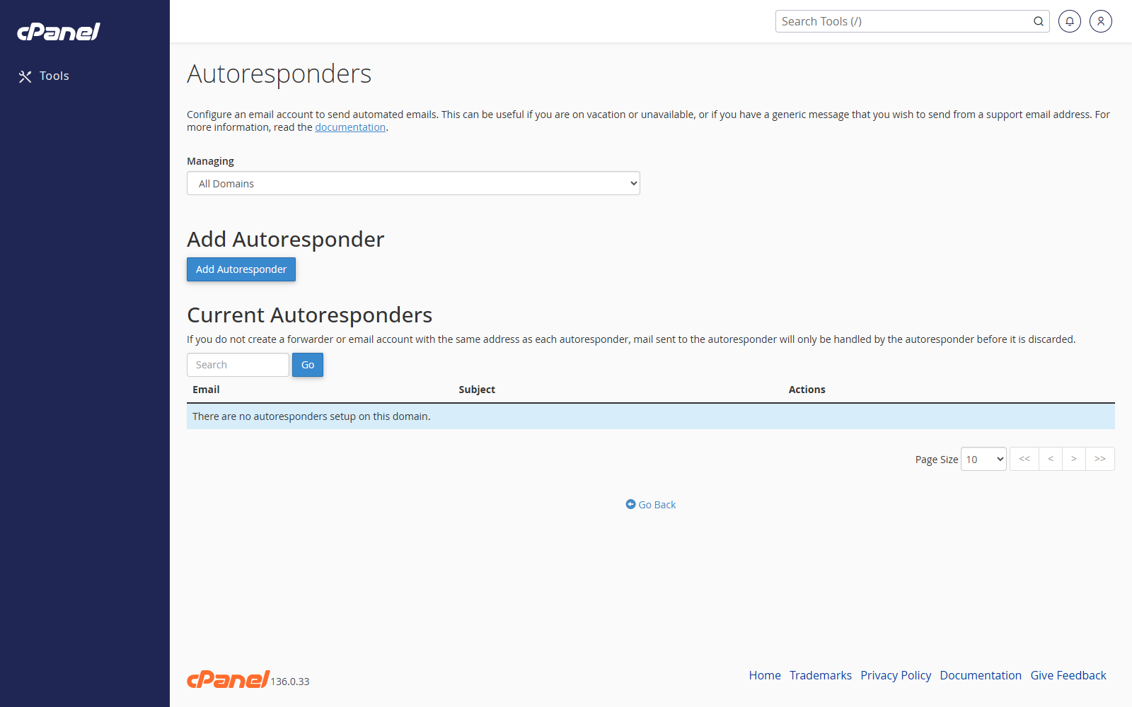 Autoresponders screen in cPanel