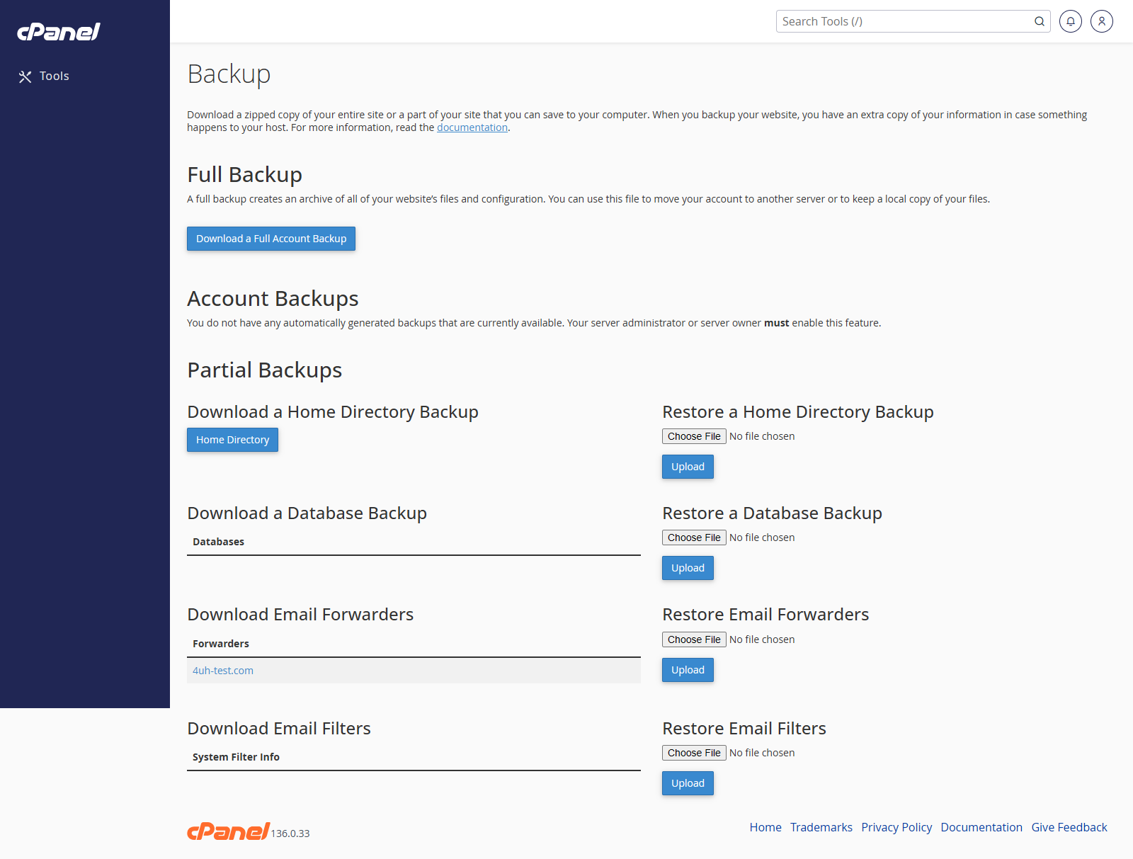 Backup screen in cPanel