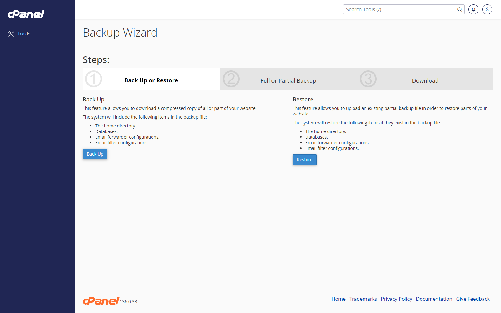 Backup Wizard screen in cPanel
