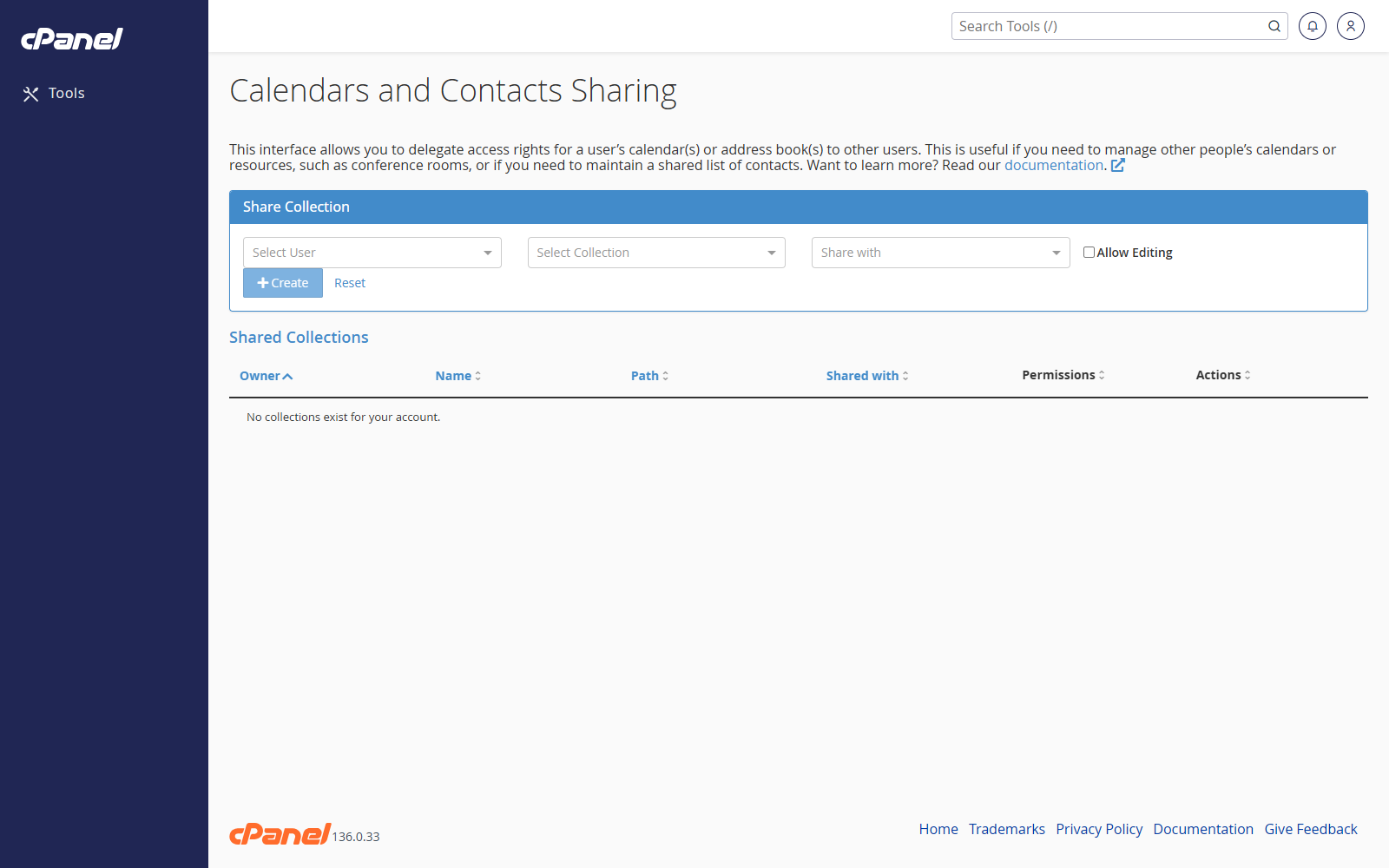 Calendar sharing and delegation screen in cPanel