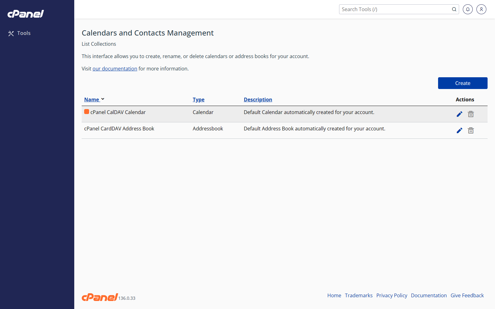 Calendars and Contacts Management screen in cPanel