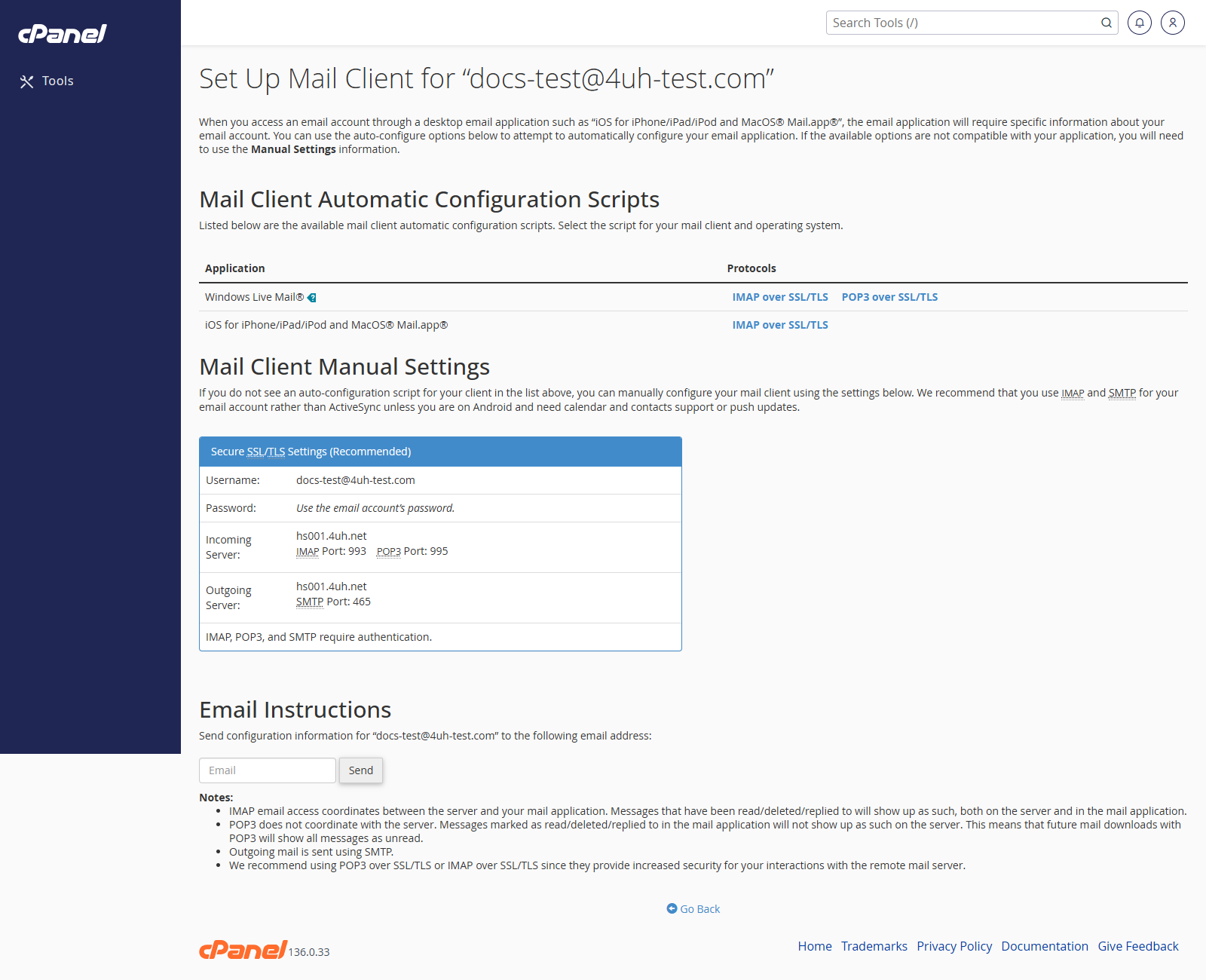 Connect Devices mail client settings screen in cPanel