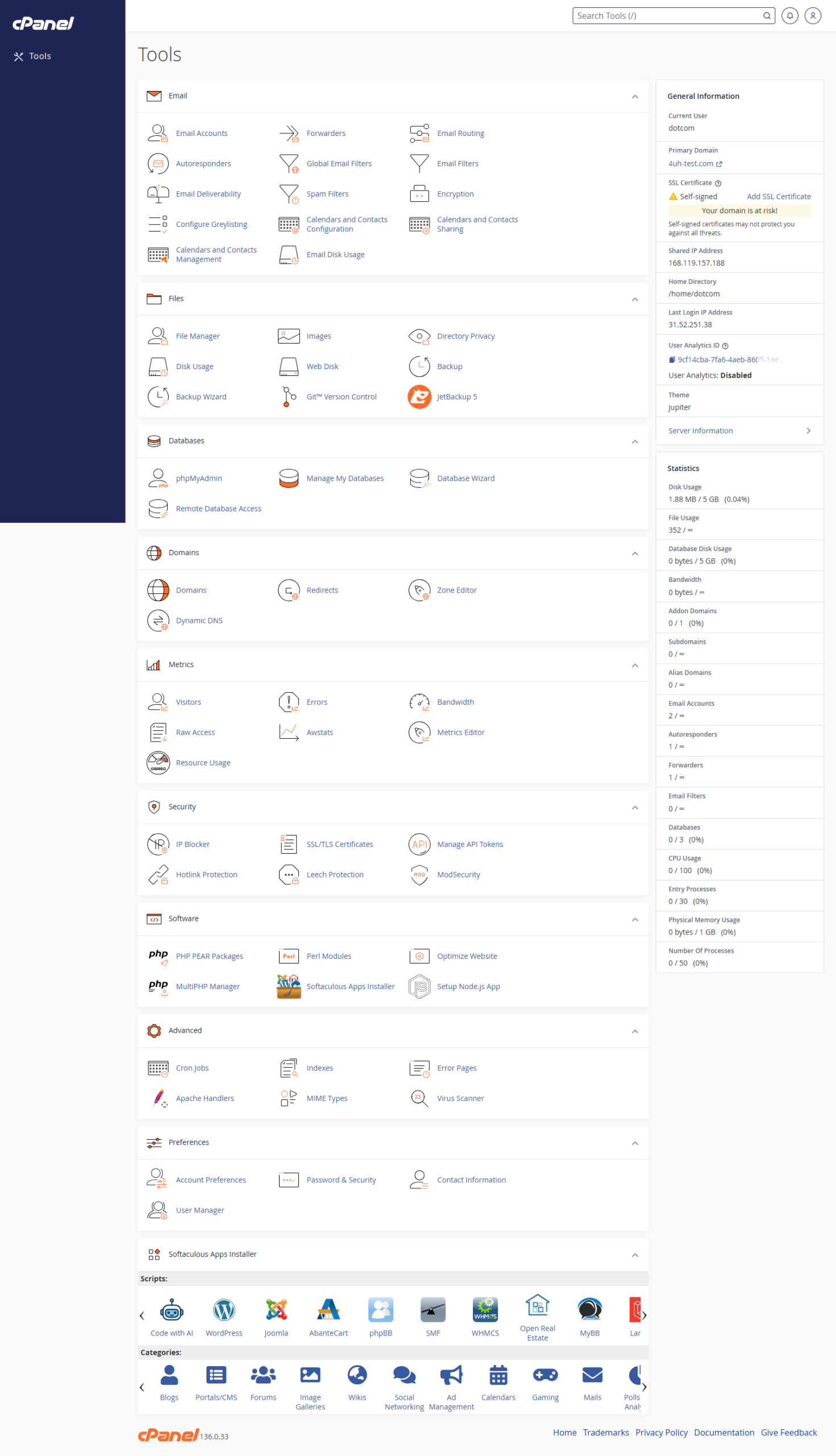 cPanel home screen
