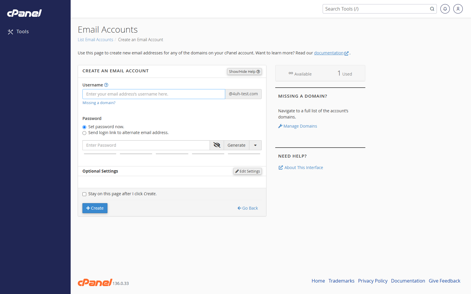 Create an Email Account form in cPanel
