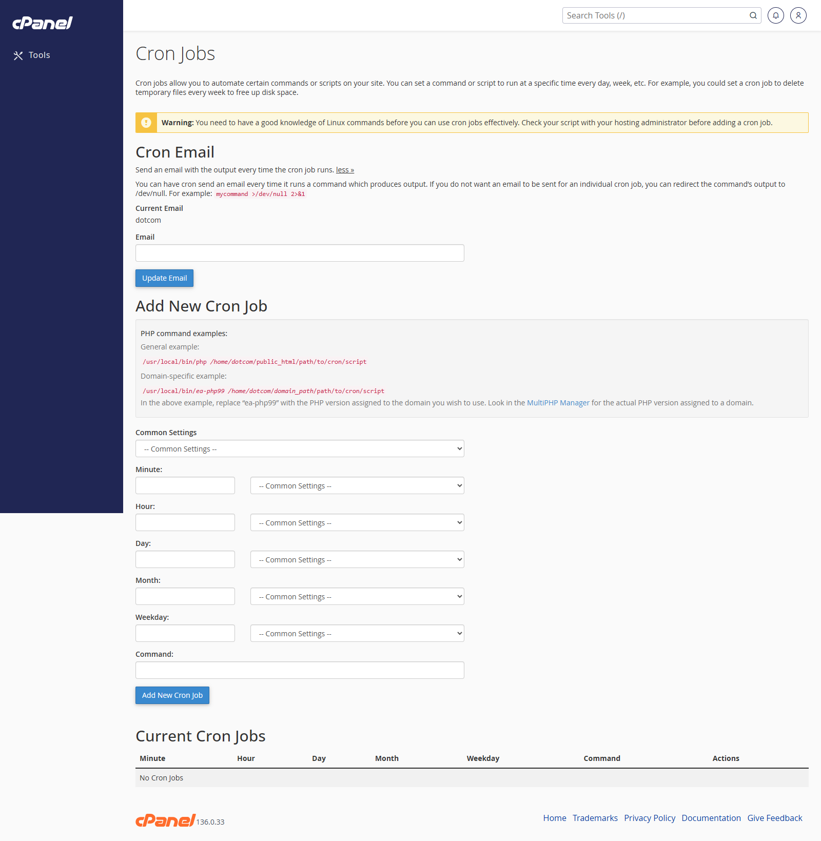 Cron Jobs screen in cPanel