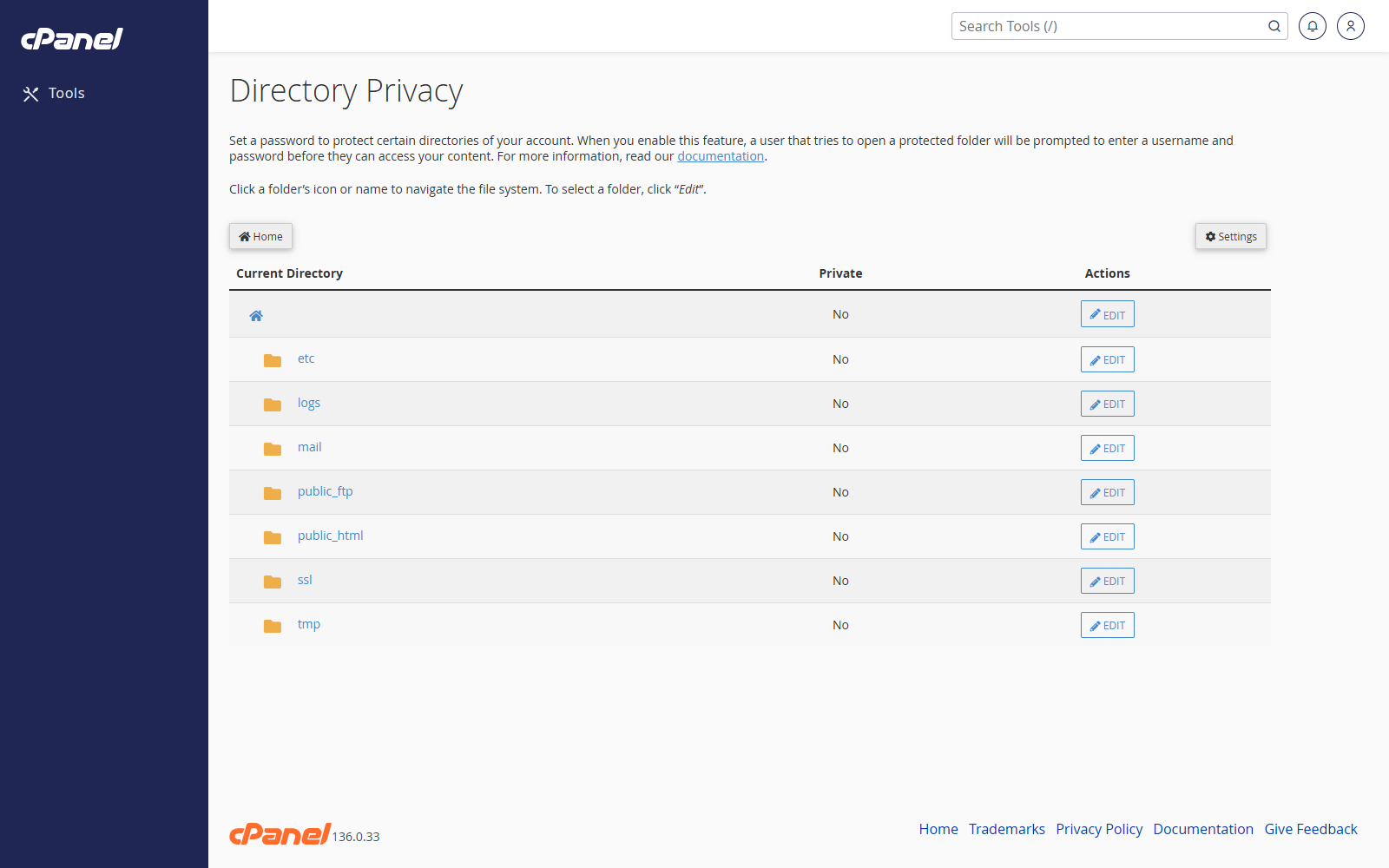 Directory Privacy screen in cPanel