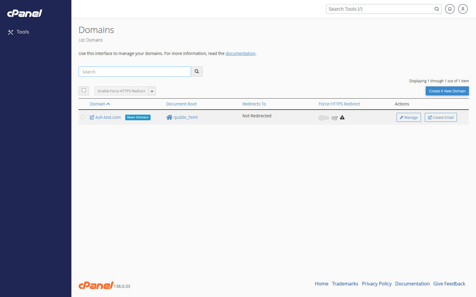 Domains screen in cPanel
