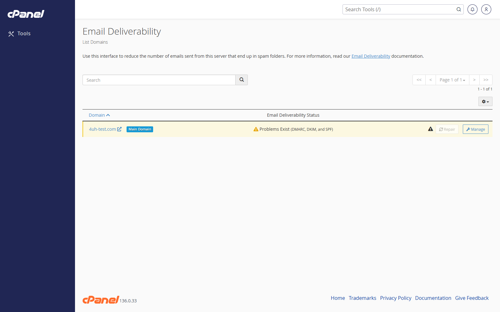 Email Deliverability screen in cPanel