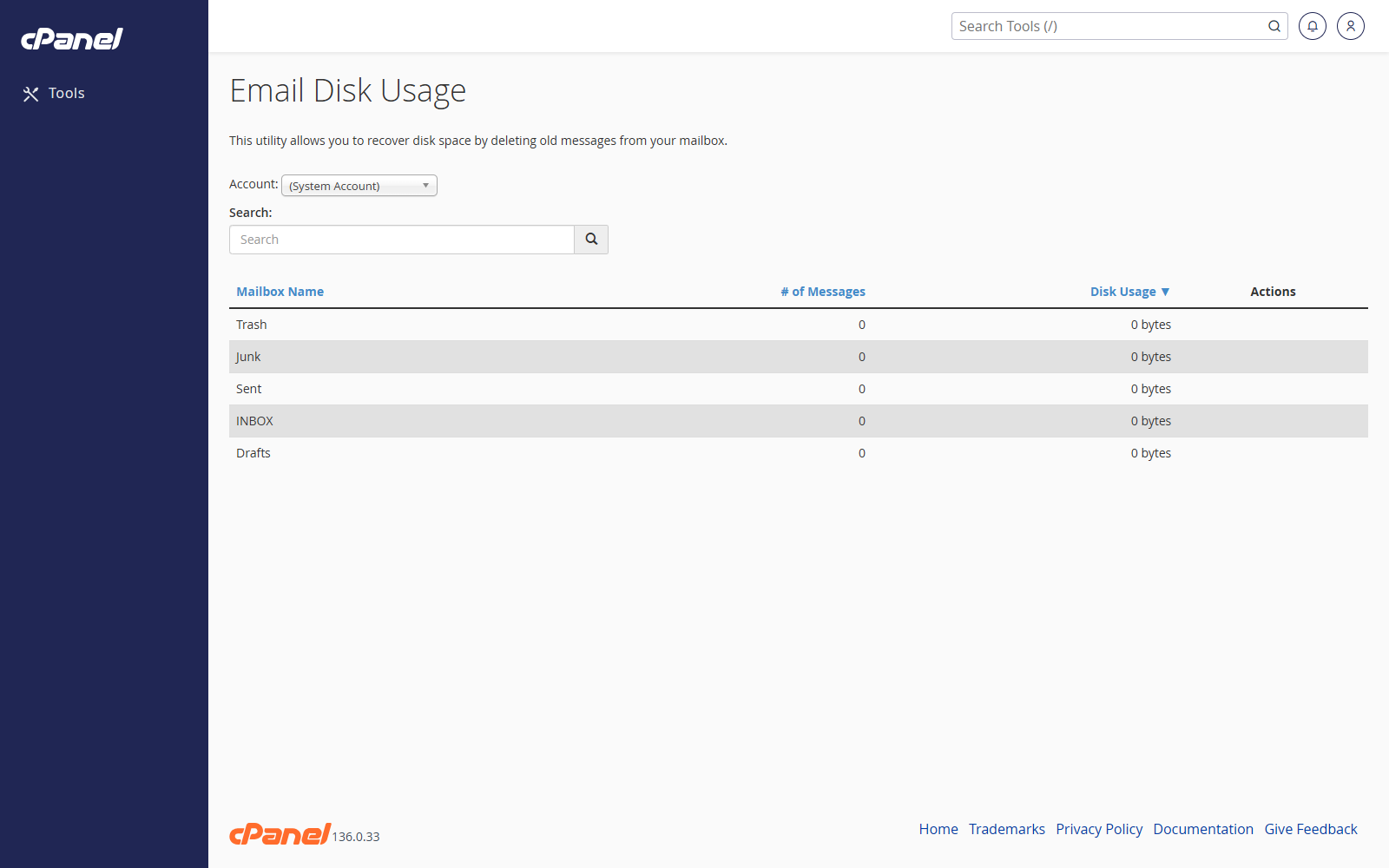 Email Disk Usage screen in cPanel