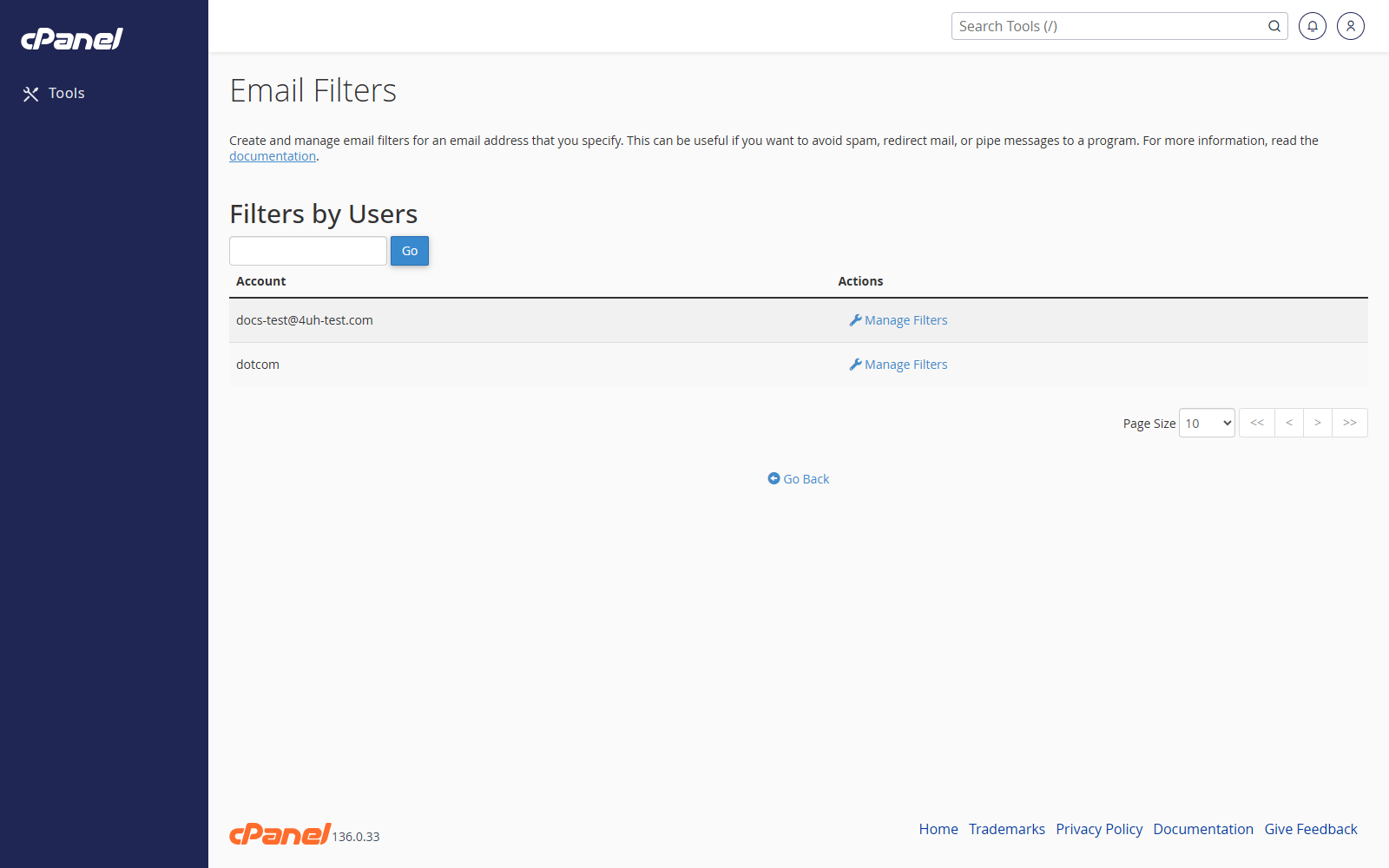 Email Filters screen in cPanel