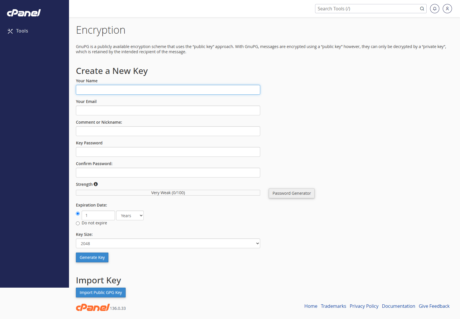 Email Encryption key management screen in cPanel