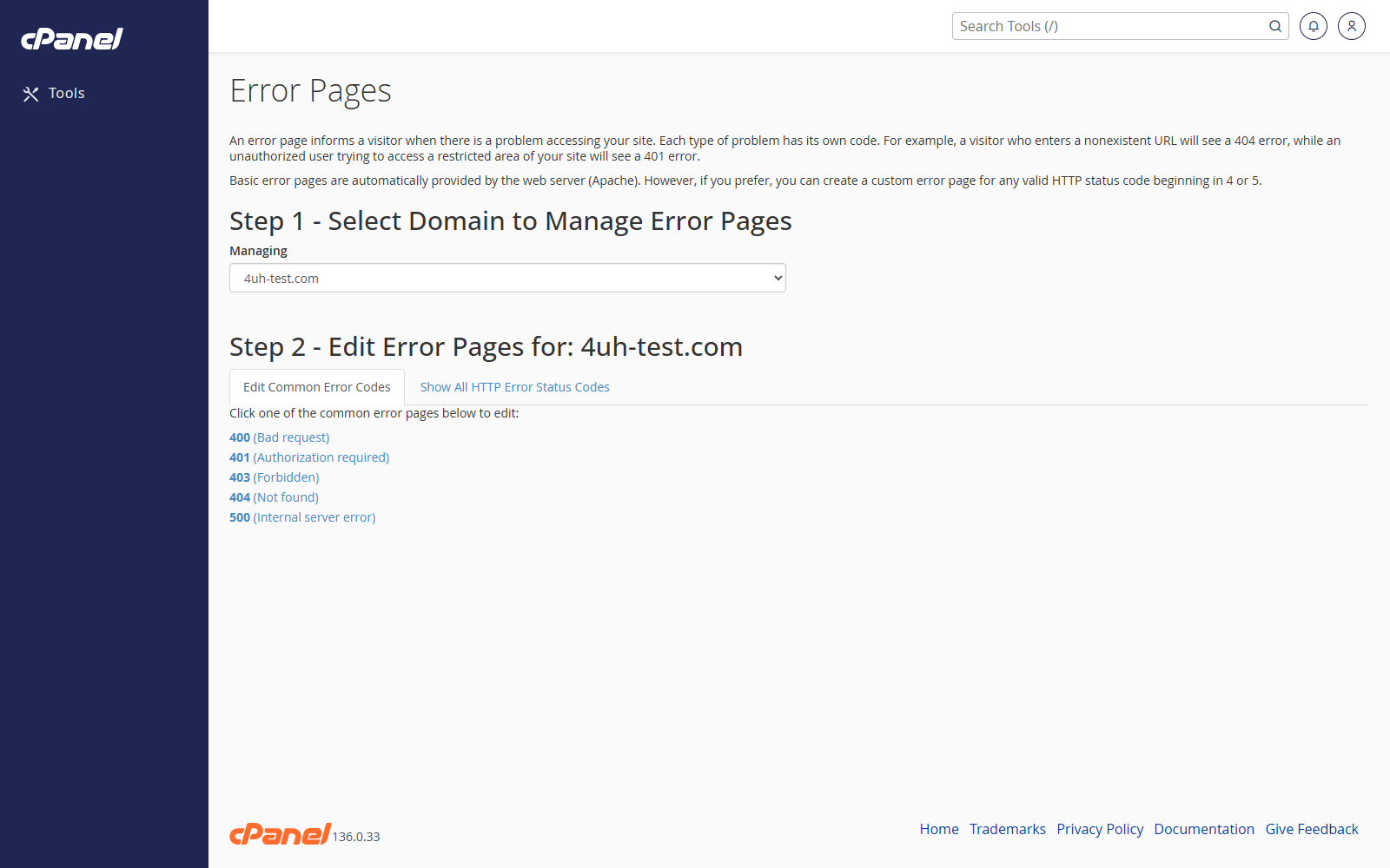 Error Pages screen in cPanel