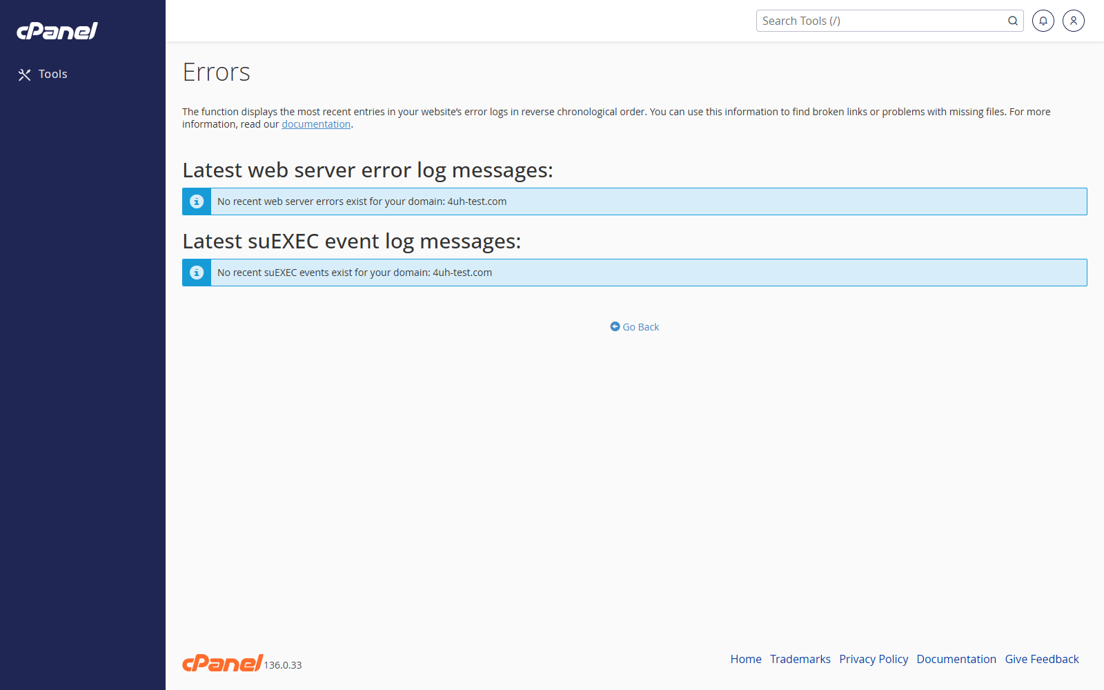 Errors screen in cPanel