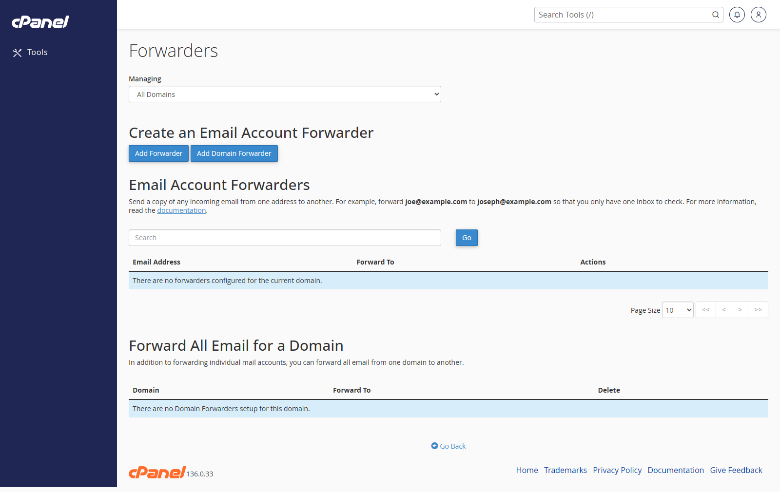Forwarders screen in cPanel