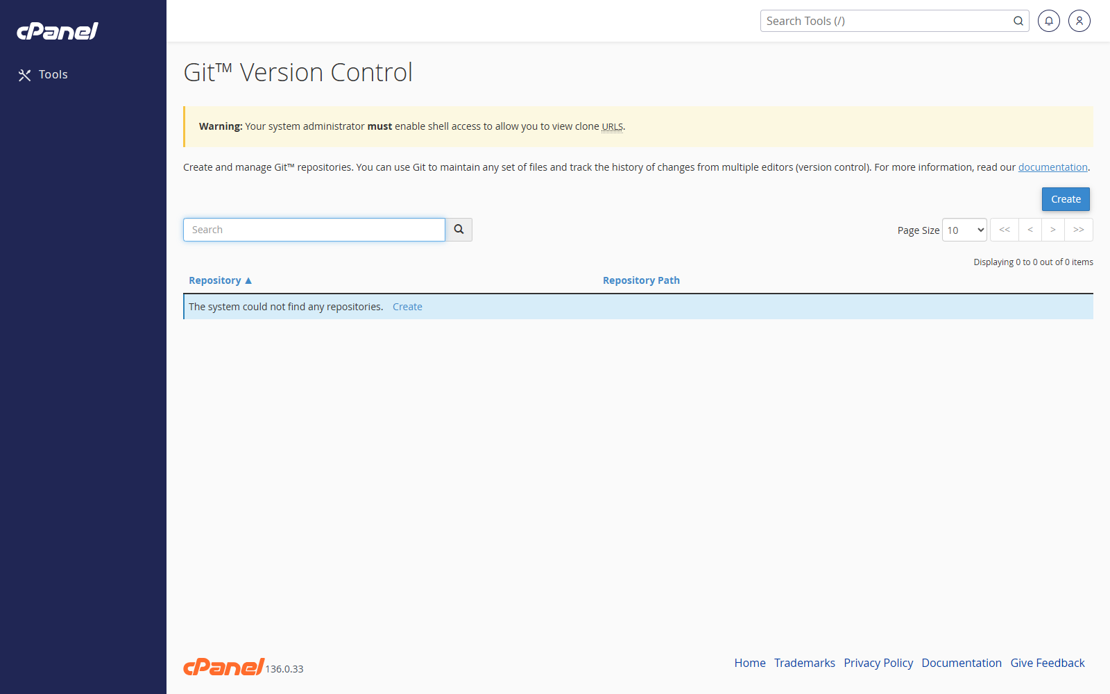 Git Version Control screen in cPanel
