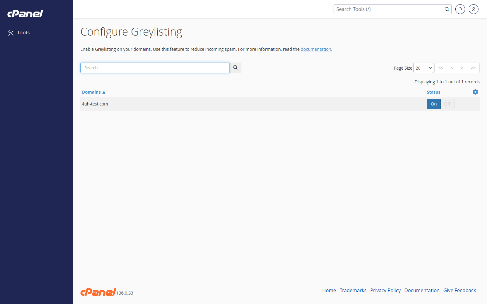 Configure Greylisting screen in cPanel