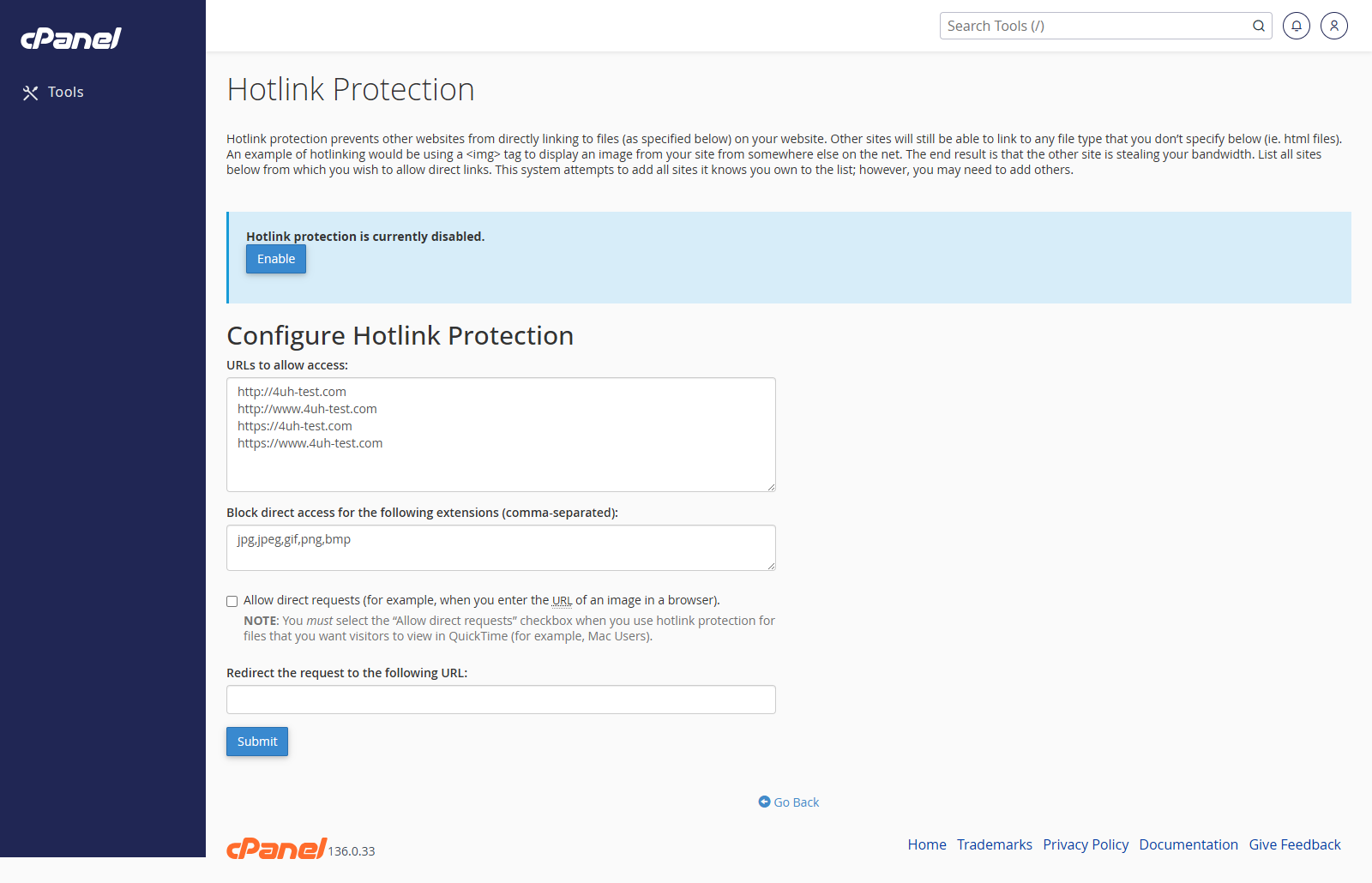 Hotlink Protection screen in cPanel