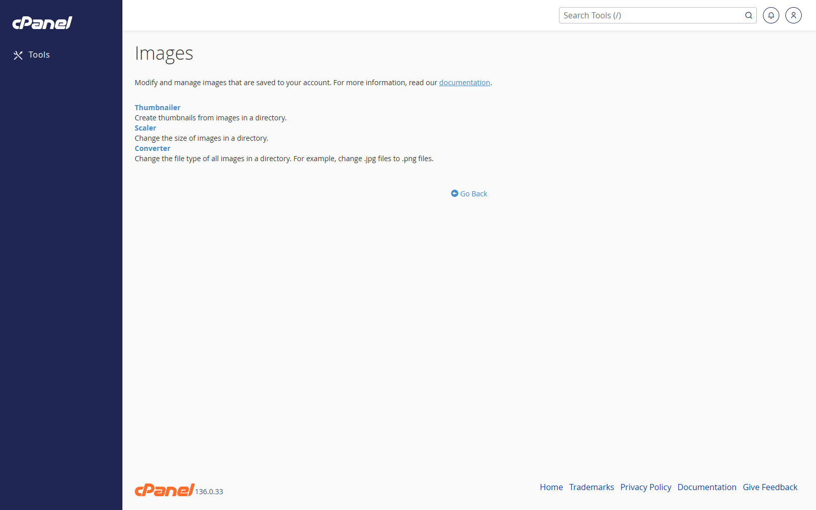 Images screen in cPanel
