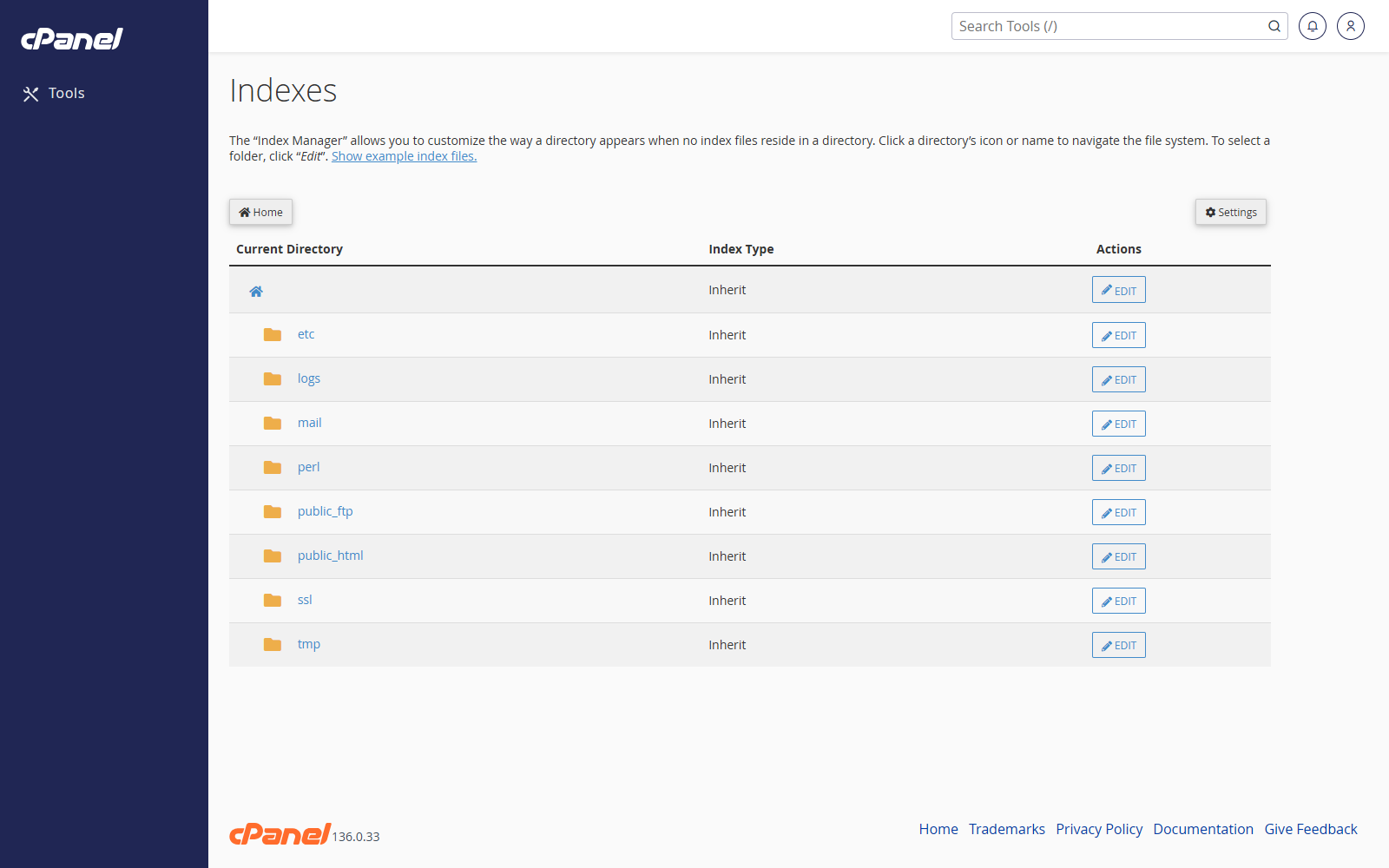 Indexes screen in cPanel