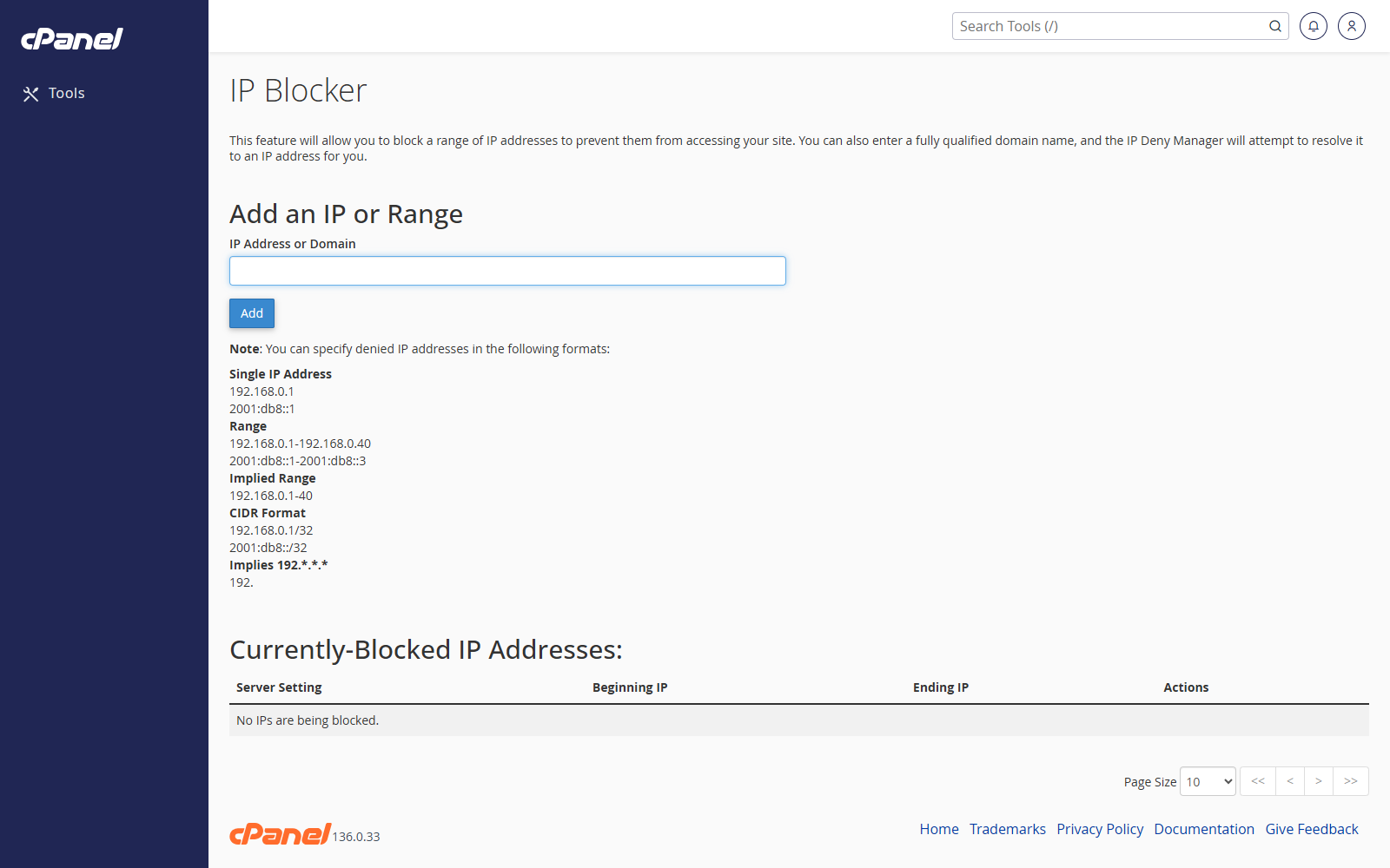 IP Blocker screen in cPanel