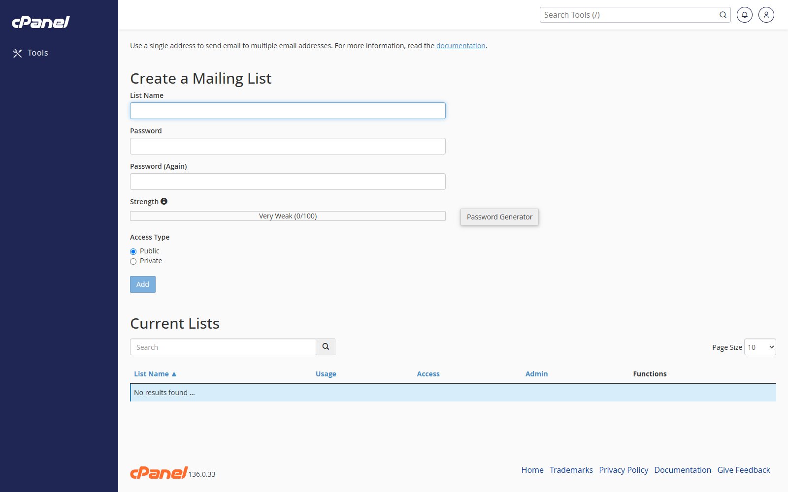 Mailing Lists screen in cPanel