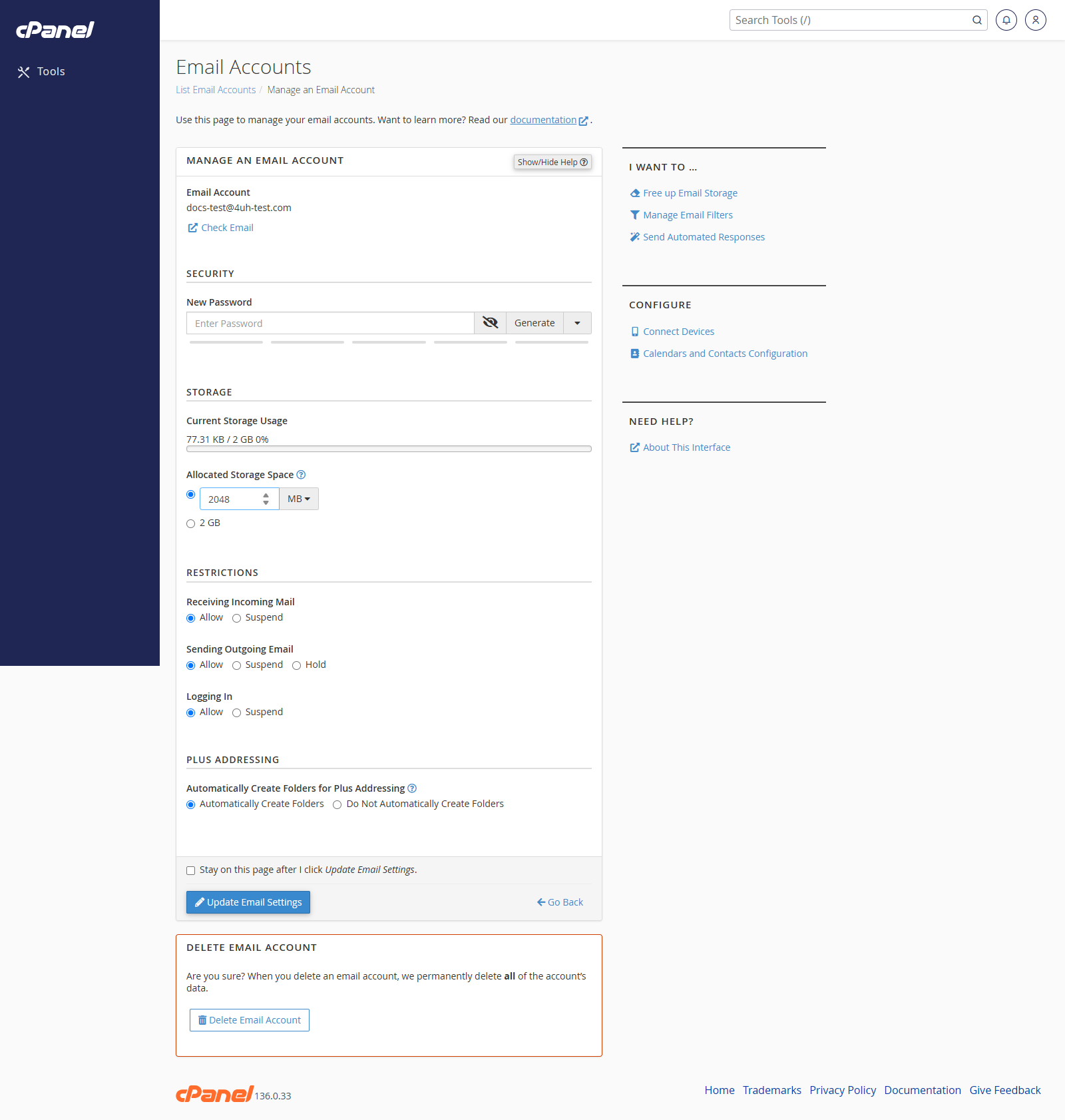 Manage Email Account settings screen in cPanel