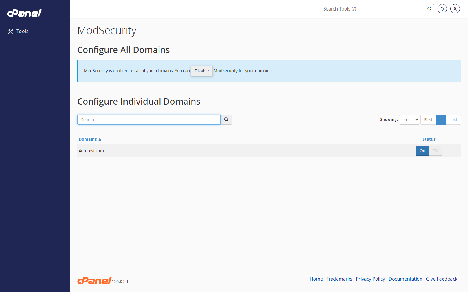 ModSecurity screen in cPanel
