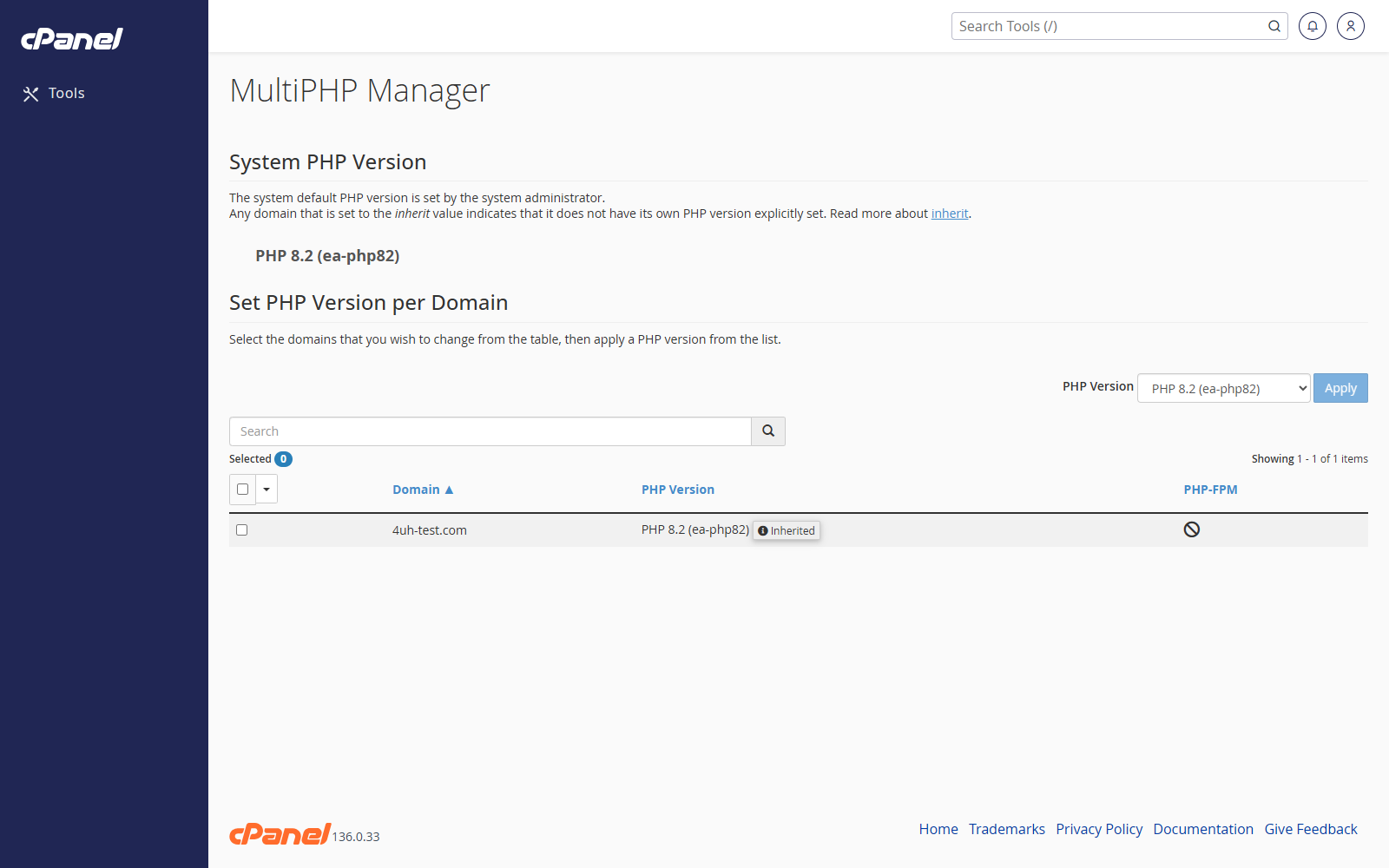 MultiPHP Manager screen in cPanel