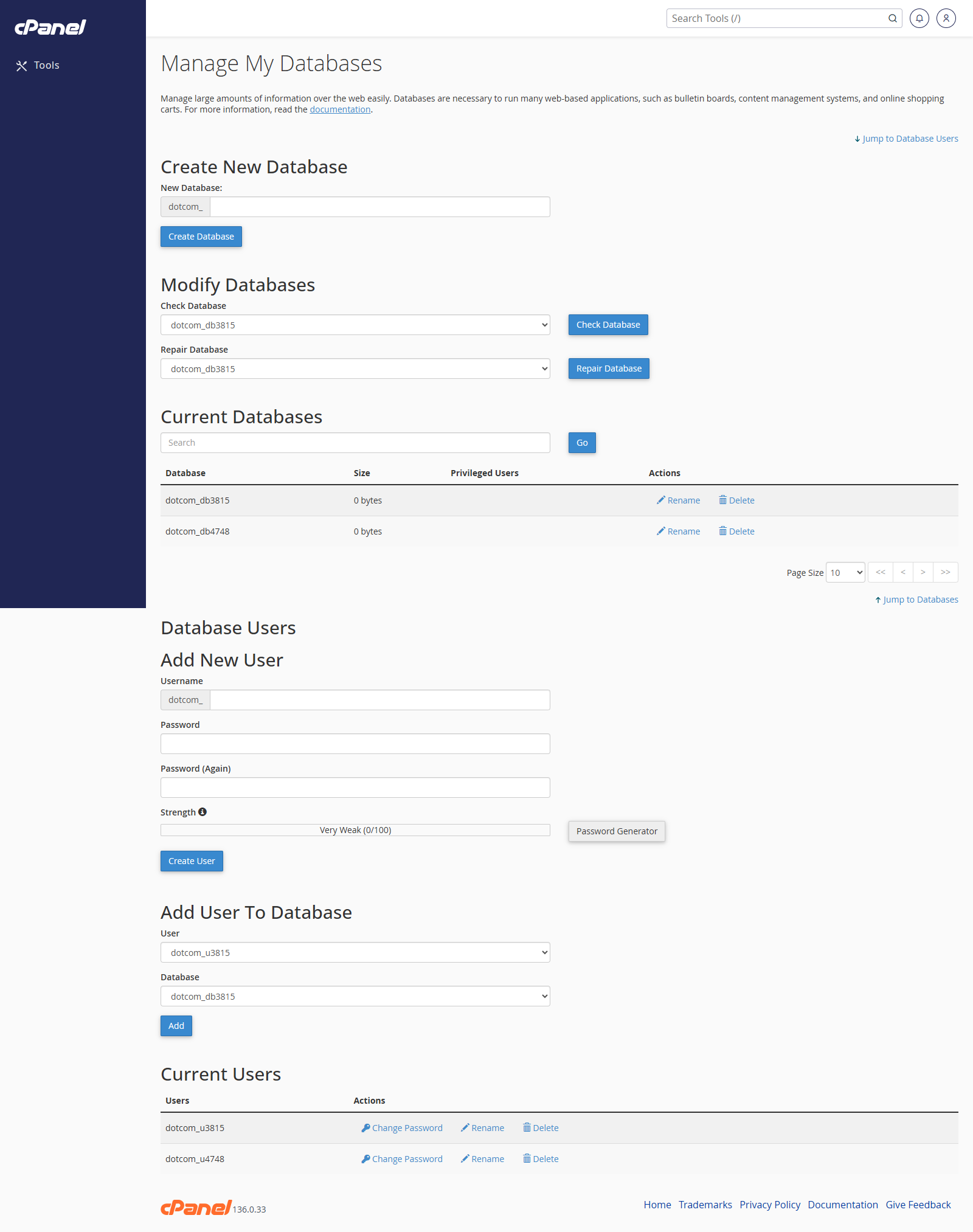 MySQL Databases screen in cPanel