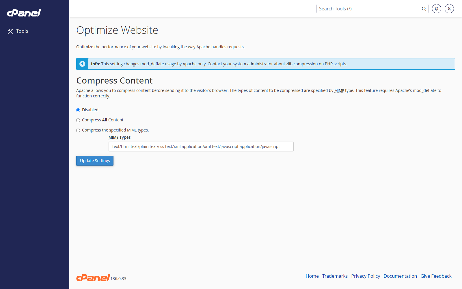 Optimize Website screen in cPanel