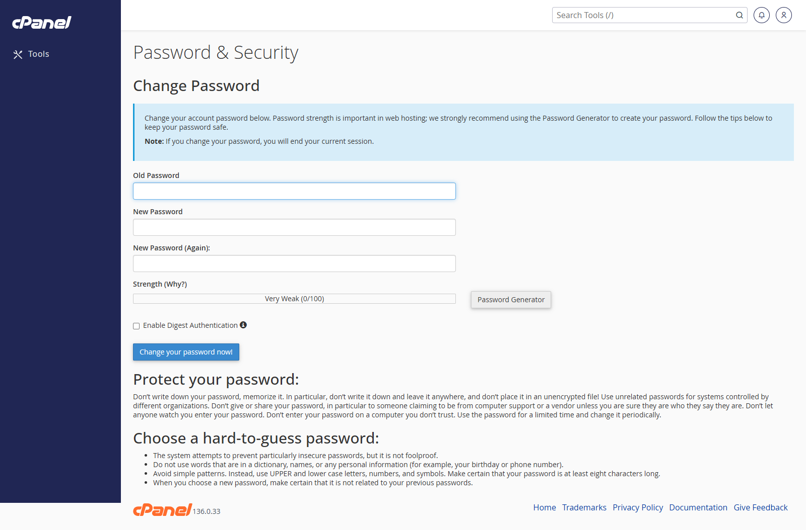 Password and Security screen in cPanel