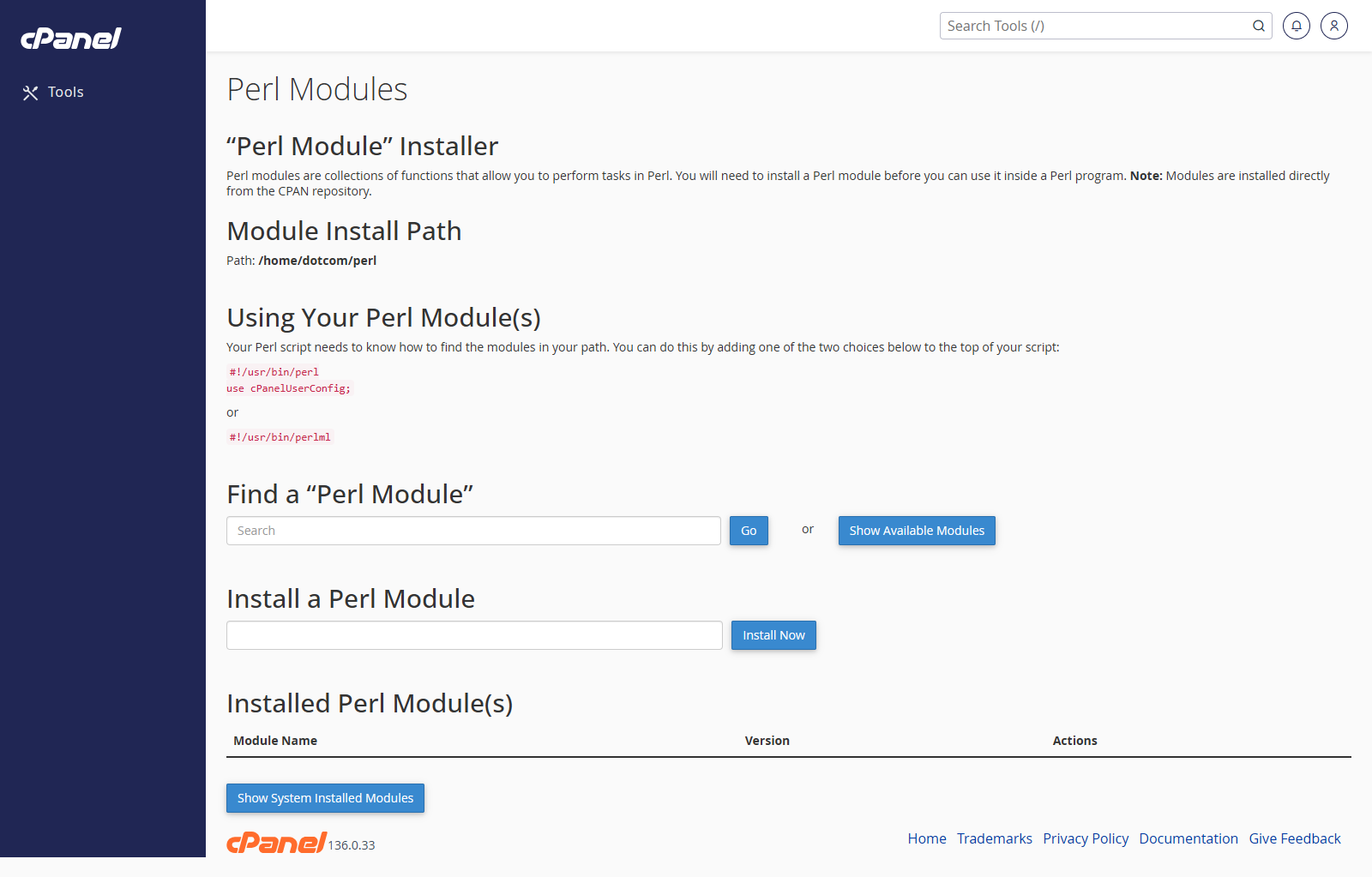 Perl Modules screen in cPanel