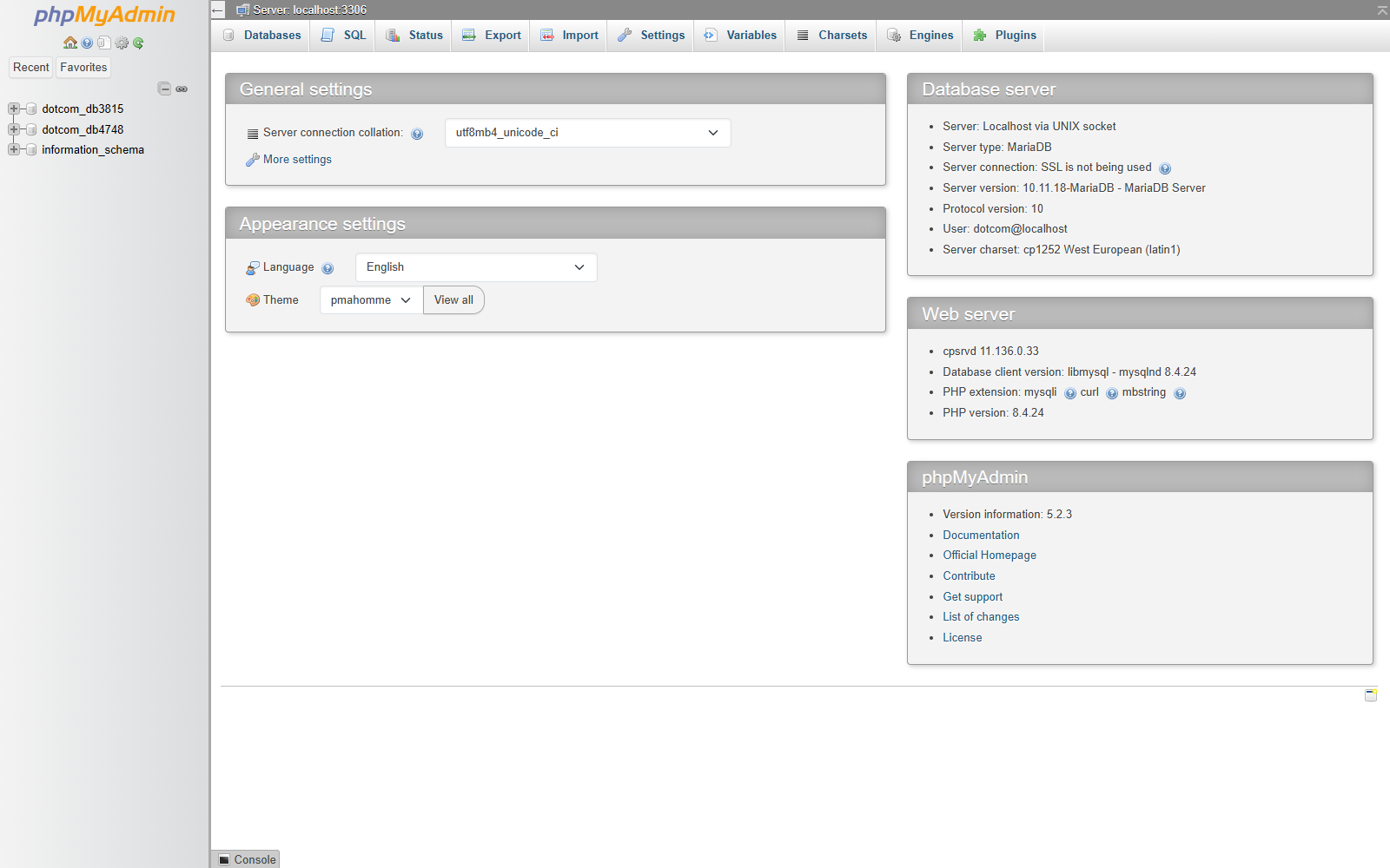 phpMyAdmin launch screen in cPanel