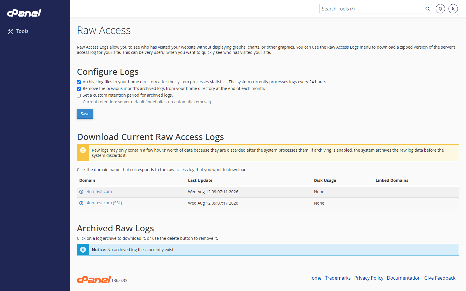 Raw Access screen in cPanel