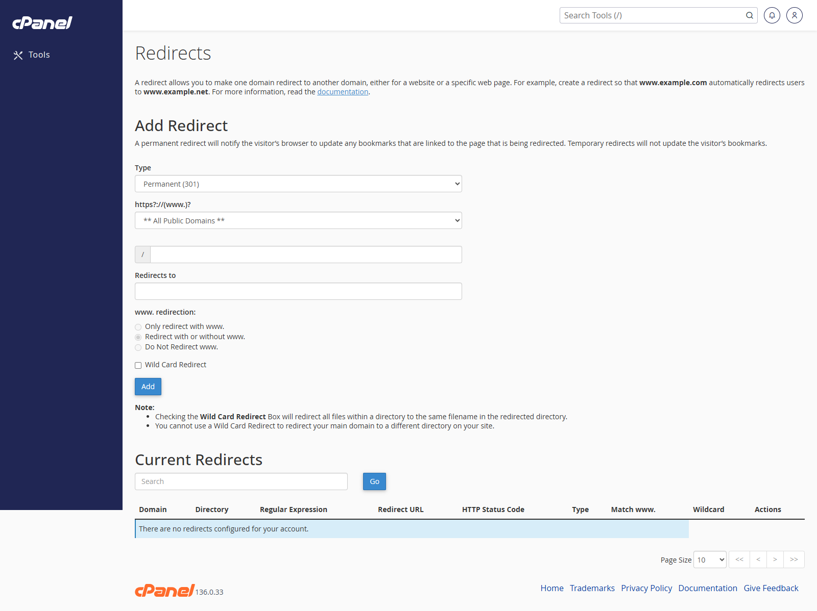 Redirects screen in cPanel