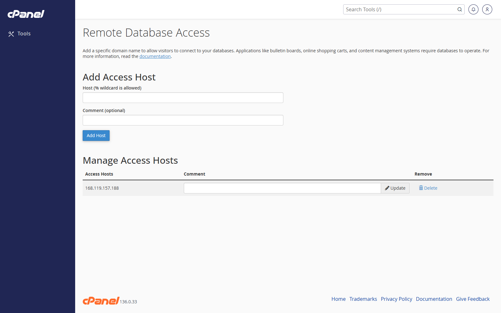 Remote MySQL screen in cPanel