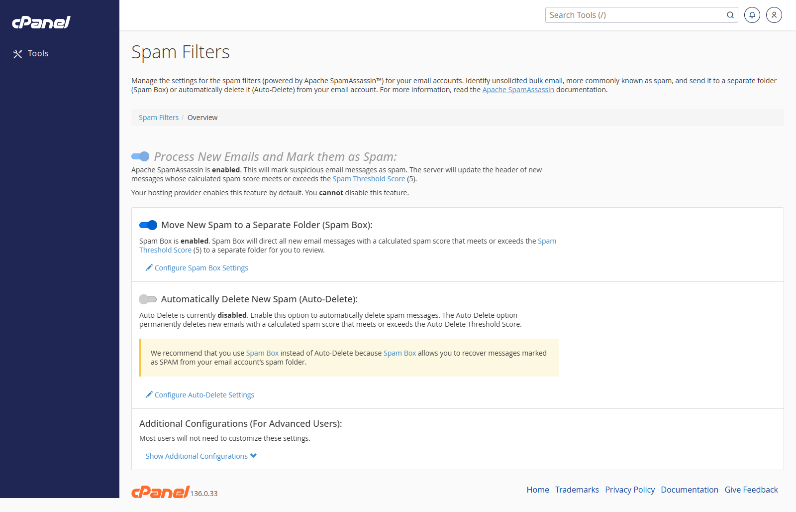 Spam Filters screen in cPanel