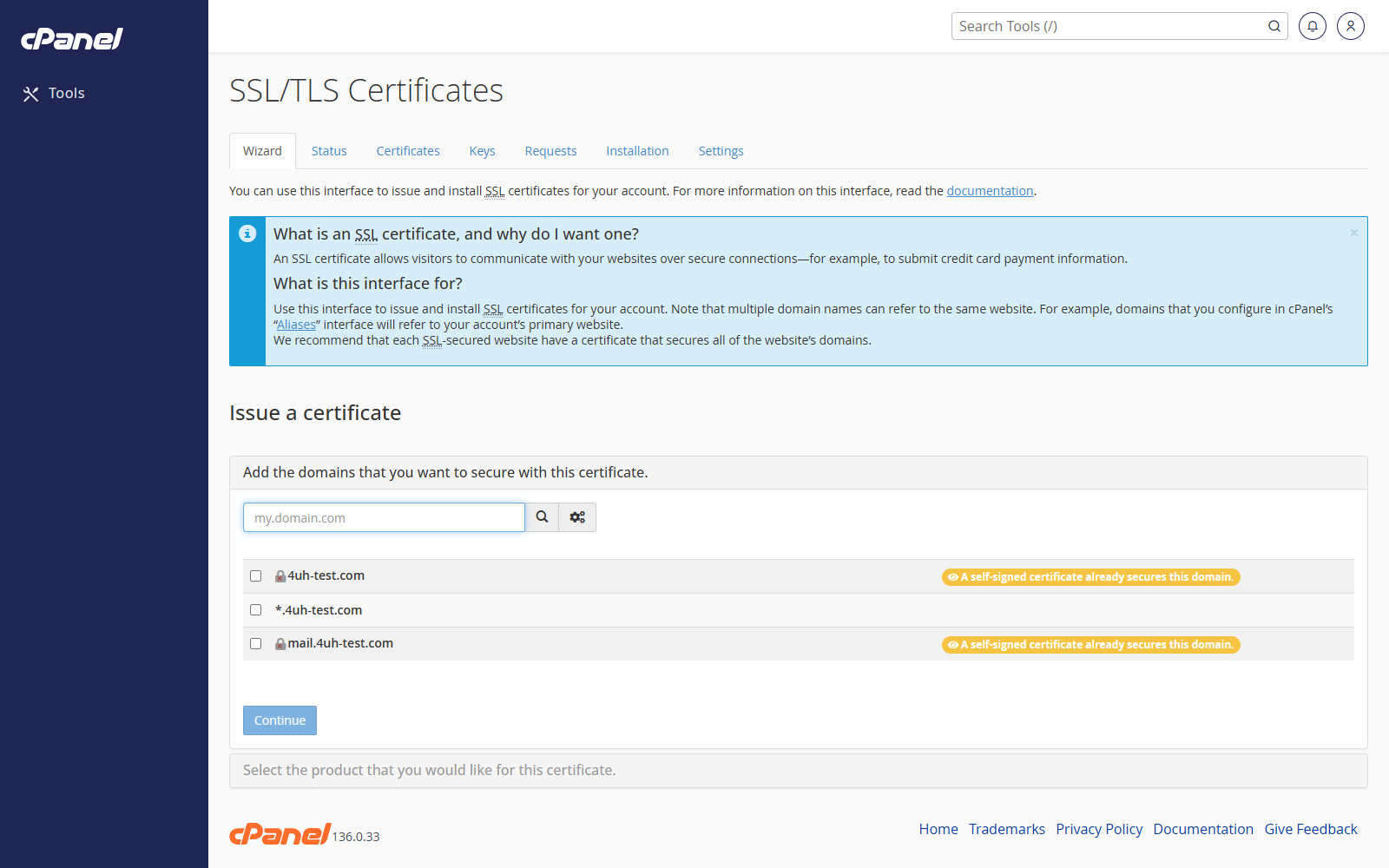 SSL/TLS Certificates screen in cPanel