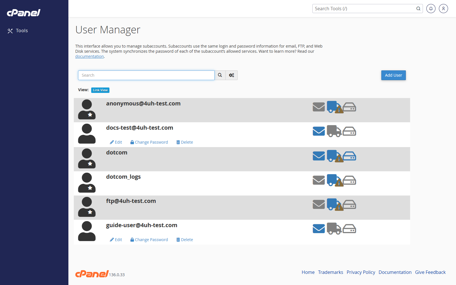 User Manager screen in cPanel