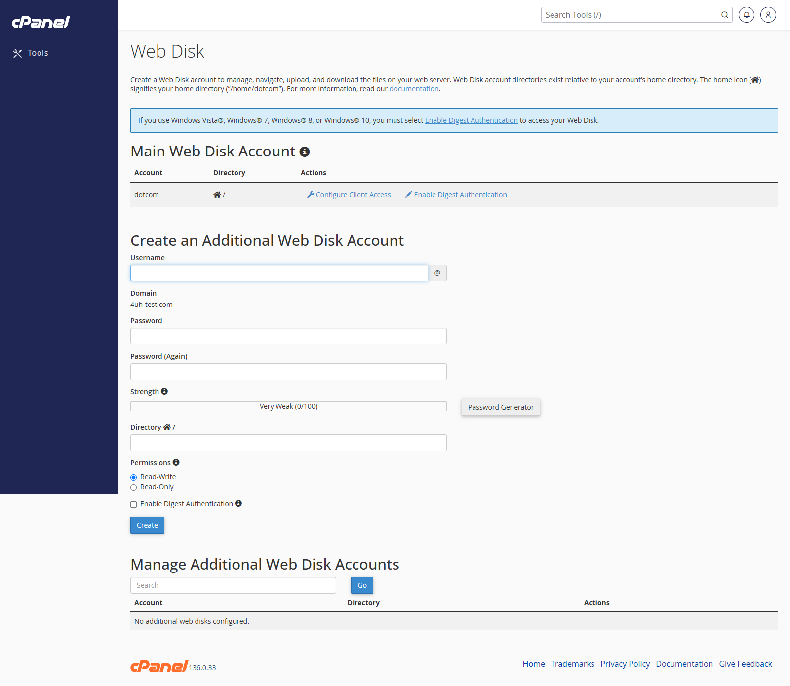 Web Disk screen in cPanel