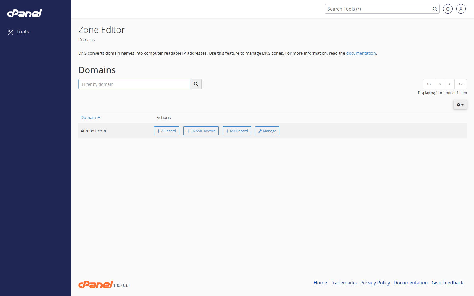 Zone Editor screen in cPanel