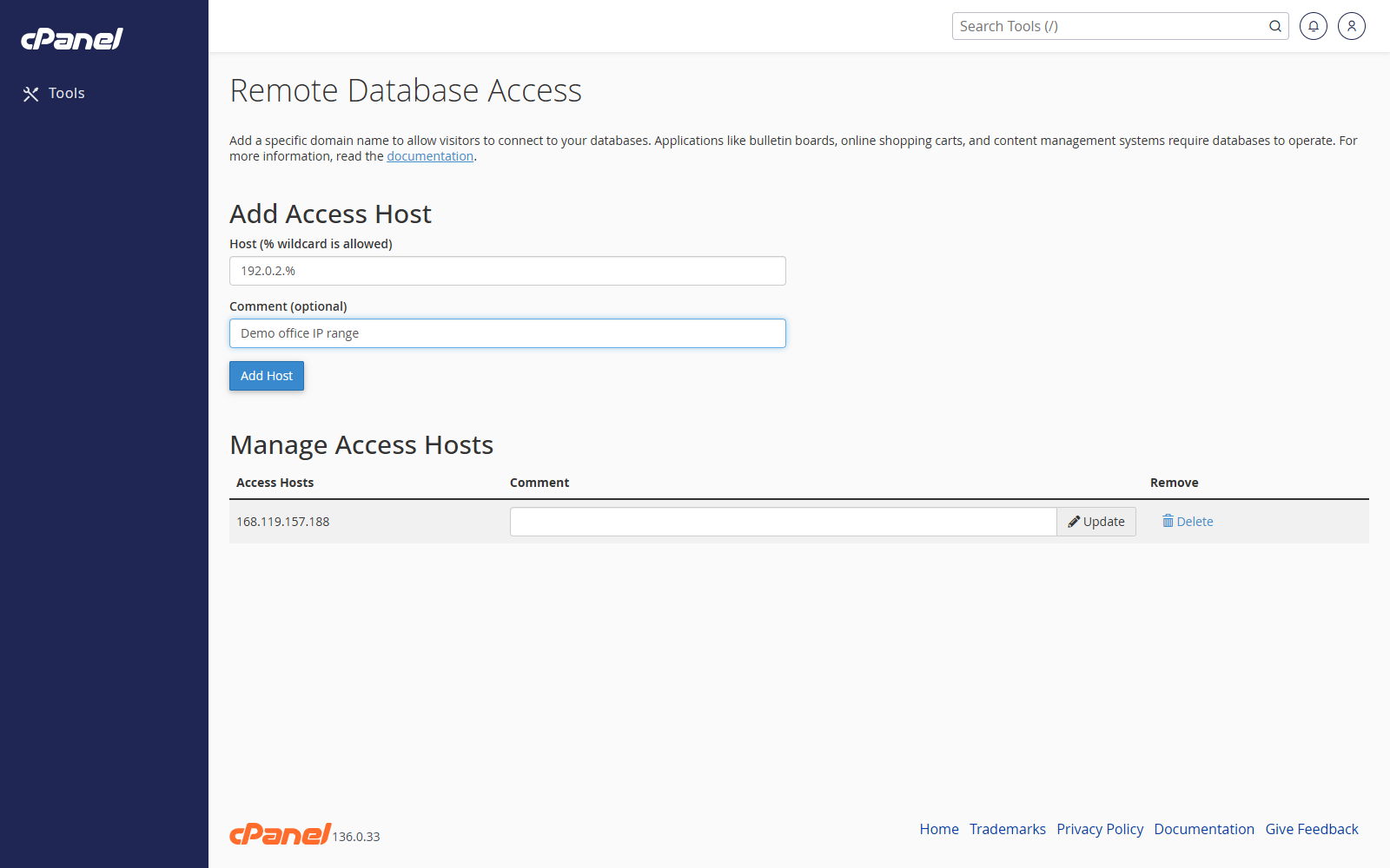 Add remote MySQL host form