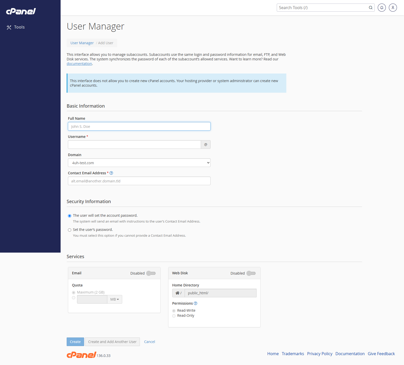 Add User form in cPanel User Manager