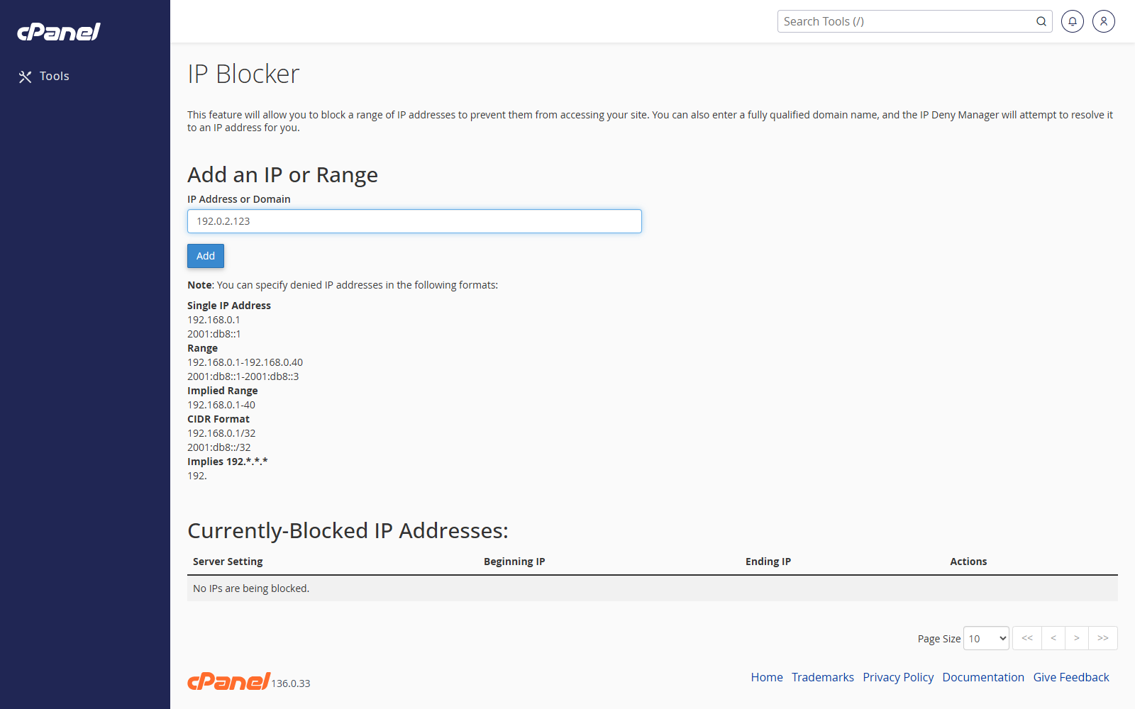IP Blocker form with an example IP address
