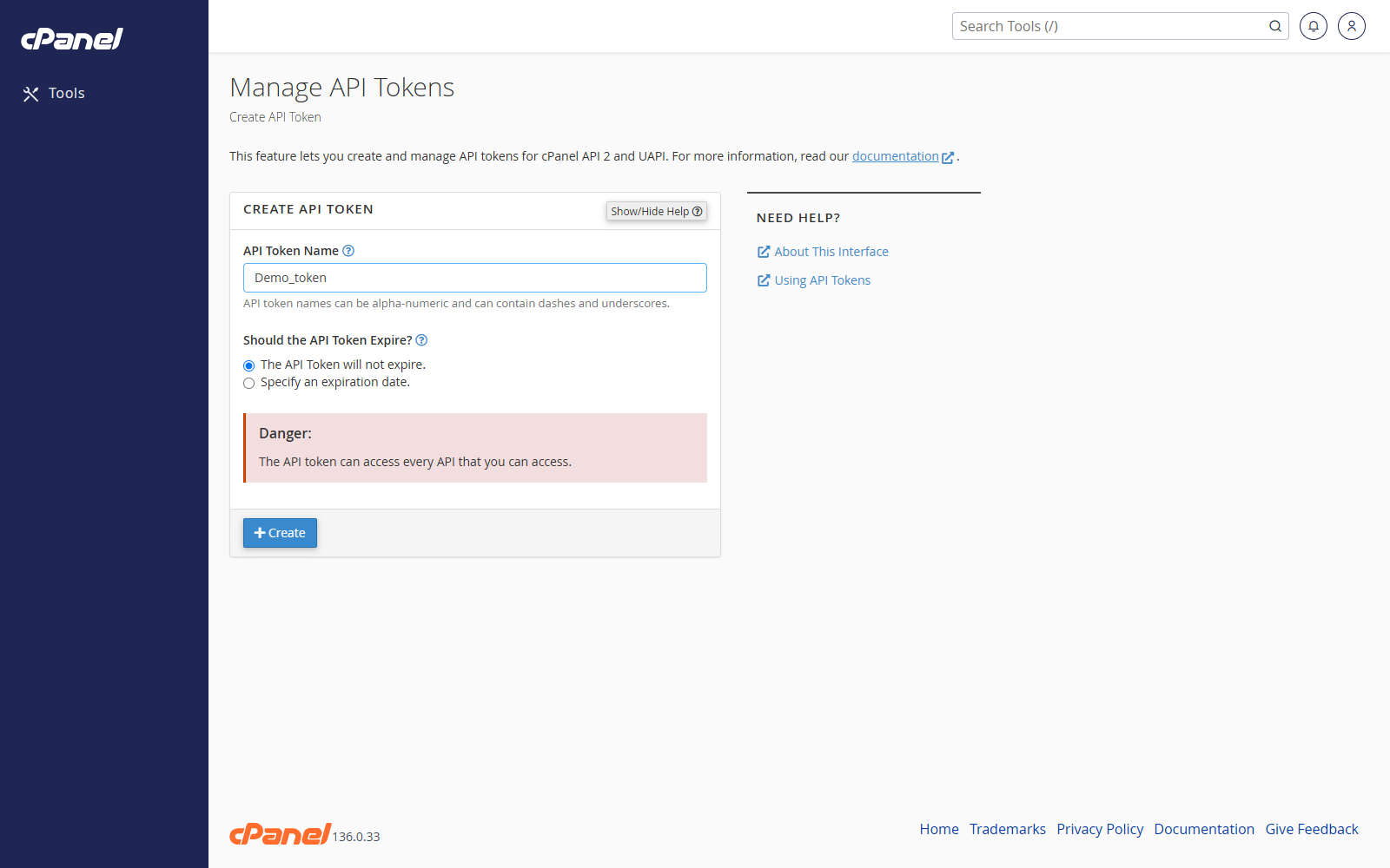 Create API Token form