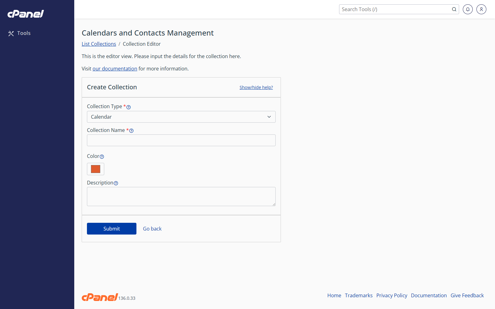 Create calendar, address book, or task list form