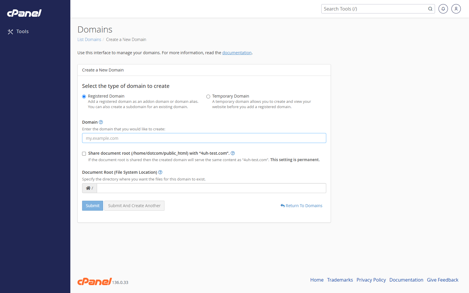 Create a New Domain form
